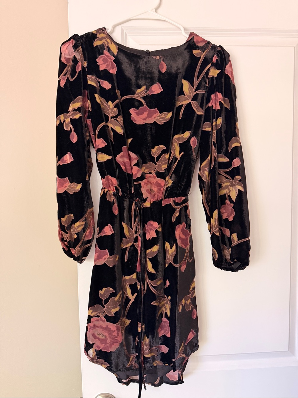 Floral Velvet Tie-Waist Dress - Black with Pink Flowers